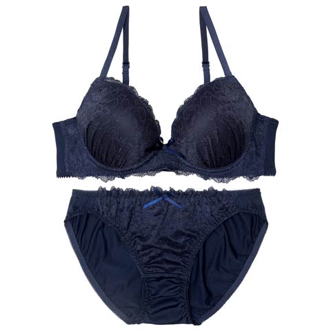 9/9再販!ワンカラーディープレーシィブラジャー&フルバックショーツ［大人気］(ネイビー-B65/ショーツM)