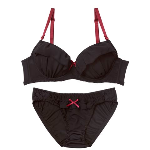 10/6新作!バイカラーフェミニンフリルブラジャー&フルバックショーツ［激売れ］(ブラック-B65/ショーツM)