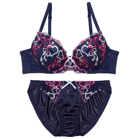 1/14新作!レトロガーリーハートブラジャー＆フルバックショーツ［激売れ］(ネイビー-B65/ショーツM)