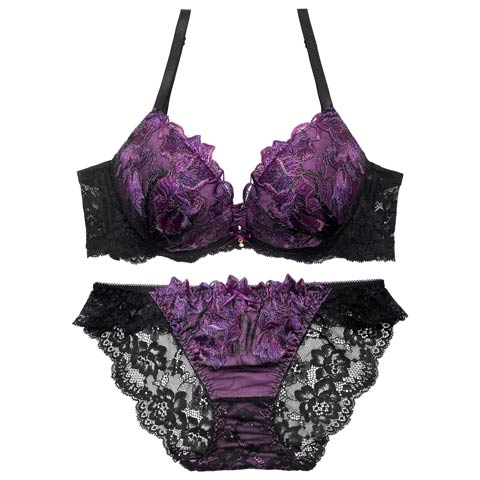 5/1再販!ビビットフルールエンブロイダリー育乳脇高ブラジャー&バック透けフルバックショーツ［大人気］(パープル-A70/ショーツM)