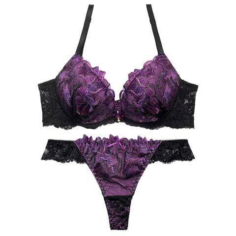 5/1再販!ビビットフルールエンブロイダリー育乳脇高ブラジャー&バック透けTバックショーツ［大人気］(パープル-A70/ショーツM)