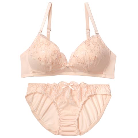 【ノンワイヤー】フラワーリボンチャーミングブラジャー&フルバックショーツ［激売れ］(ピンクベージュ-S)