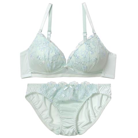 【ノンワイヤー】フラワーリボンチャーミングブラジャー&フルバックショーツ［激売れ］(ミント-S)