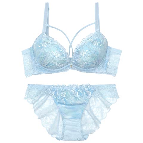 マーブルクロスアイビーブラジャー&バック透けフルバックショーツ［大人気］(サックス-A70/ショーツM)