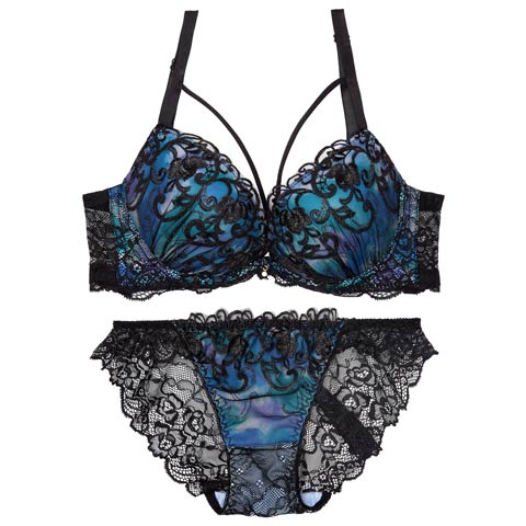 ルミナスアイビーコード育乳脇高ブラジャー&バック透けフルバックショーツ［大人気］(ブルー-A70/ショーツM)