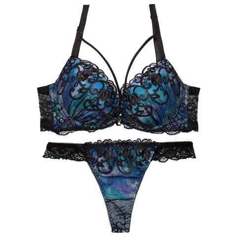 ルミナスアイビーコード育乳脇高ブラジャー&バック透けTバックショーツ［大人気］(ブルー-A70/ショーツM)