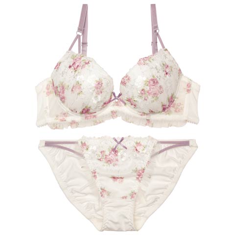 水彩フラワーストリングチュールブラジャー&フルバックショーツ［大人気］(アイボリー-A70/ショーツM)