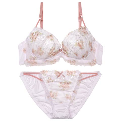 水彩フラワーストリングチュールブラジャー&フルバックショーツ［大人気］(ラベンダー-A70/ショーツM)