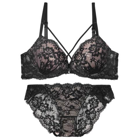 10/25再販!【三上悠亜着用】クロスヌーディーレースブラジャー&バック透けフルバックショーツ［激売れ］(ブラック-A65/ショーツM)
