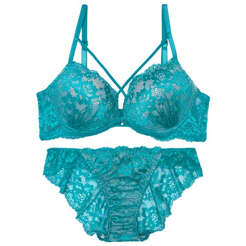 10/25再販!【三上悠亜着用】クロスヌーディーレースブラジャー&バック透けフルバックショーツ［激売れ］(ターコイズブルー-A65/ショーツM)