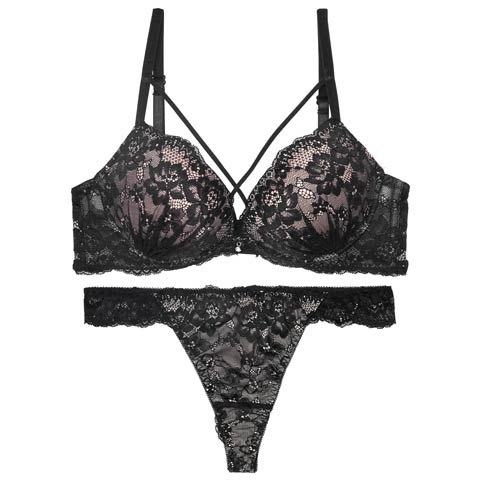 【三上悠亜着用】クロスヌーディーレースブラジャー&バック透けTバックショーツ［激売れ］(ブラック-A65/ショーツM)