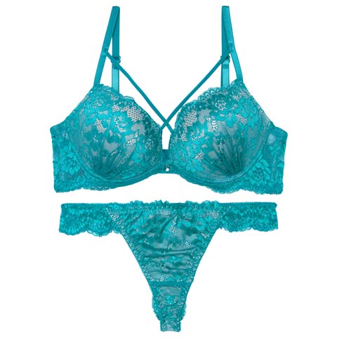 【三上悠亜着用】クロスヌーディーレースブラジャー&バック透けTバックショーツ［激売れ］(ターコイズブルー-A65/ショーツM)
