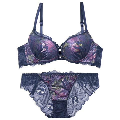 10/30再販!ルミナスシャドウブルームブラジャー&バック透けフルバックショーツ［激売れ］(ネイビー-A65/ショーツM)