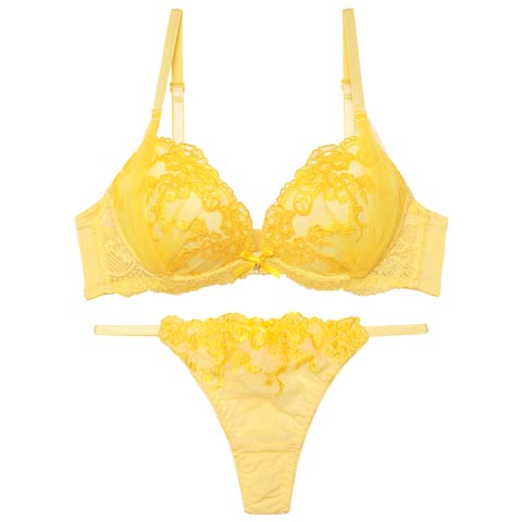 11/8再販!フレッシュシアーフラワーブラジャー&Tバックショーツ［激売れ］(イエロー-A65/ショーツM)