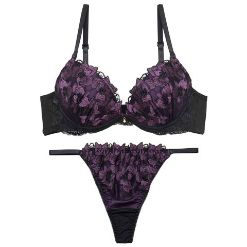 11/8再販!グラマーブロッサムエンブロイダリーブラジャー&Tバックショーツ［激売れ］(パープル-A65/ショーツM)