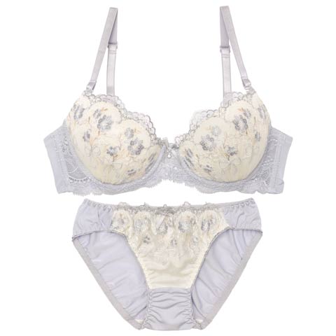 11/8再販!フェミニンダスティブーケブラジャー&フルバックショーツ［激売れ］(グレー-A65/ショーツM)