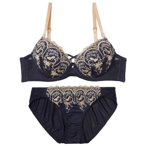 11/1再販!エレガントプリンセスヒールブラジャー&フルバックショーツ［激売れ］(ネイビー-A65/ショーツM)