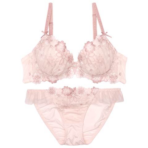 【GHサイズ】ブルーミングフリルチュールブラジャー&フルバックショーツ(ピンク-G65/ショーツM)