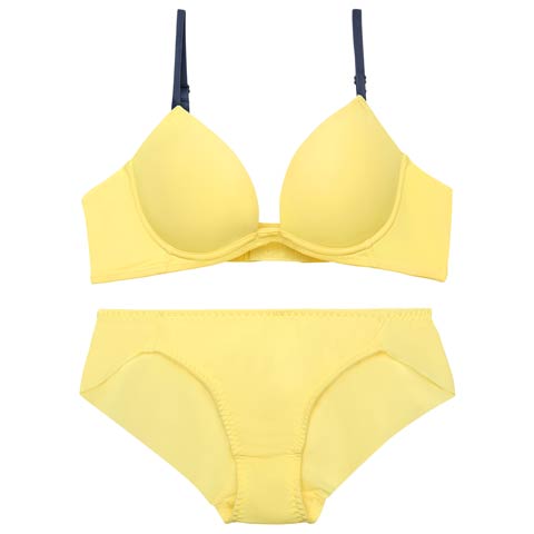 【EFサイズ】シンプルカットシームレス育乳脇高ブラジャー&フルバックショーツ［大人気］(イエロー-E65/ショーツM)