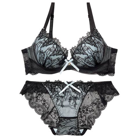 4/27新作!ノクターンリボンレース育乳脇高ブラジャー&バック透けフルバックショーツ［激売れ］(サックス-A65/ショーツM)