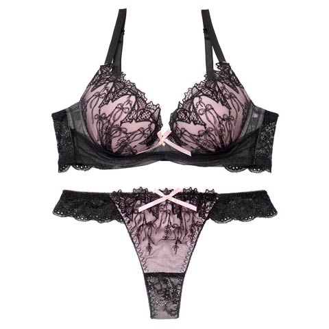 4/27新作!ノクターンリボンレース育乳脇高ブラジャー&バック透けTバックショーツ［激売れ］(ピンク-A65/ショーツM)