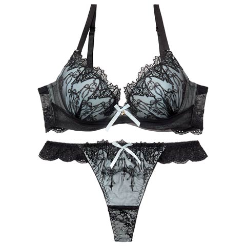 4/27新作!【EFサイズ】ノクターンリボンレース育乳脇高ブラジャー&バック透けTバックショーツ［大人気］(サックス-E65/ショーツM)