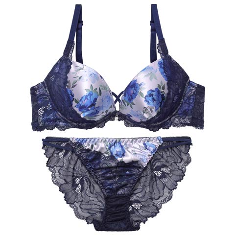 4/10新作!【EFサイズ】ビビッドブルームレーシィブラジャー&バック透けフルバックショーツ［大人気］［L］(ブルー-E65/ショーツM)
