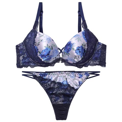 4/10新作!【EFサイズ】ビビッドブルームレーシィブラジャー&バック透けTバックショーツ［大人気］［L］(ブルー-E65/ショーツM)