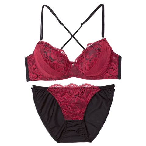 3/25新作!【EFサイズ】ミステリアスバッククロスコードブラジャー&フルバックショーツ［大人気］(ベリー-E65/ショーツM)