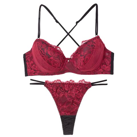 3/25新作!【EFサイズ】ミステリアスバッククロスコードブラジャー&Tバックショーツ［大人気］(ベリー-E65/ショーツM)