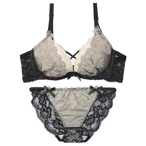 12/12新作!【EFサイズ】エレガントエンブロイダリー育乳脇高ブラジャー＆バック透けフルバックショーツ［大人気］(ブラック-E65/ショーツM)