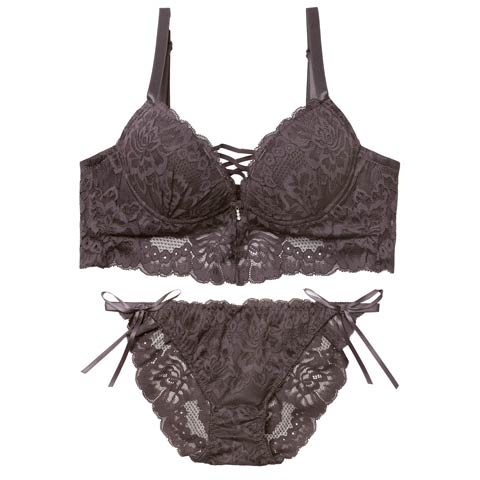 2/9新作!ノーブルレースアップビスチェ育乳脇高ブラジャー&サイド紐バック透けフルバックショーツ［大人気］(グレー-A70/ショーツM)