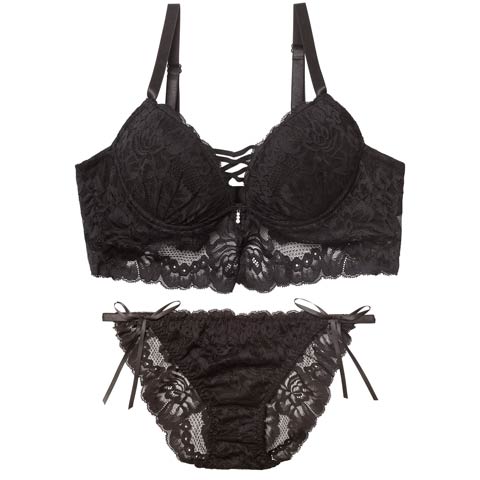 2/9新作!ノーブルレースアップビスチェ育乳脇高ブラジャー&サイド紐バック透けフルバックショーツ［大人気］(ブラック-A70/ショーツM)