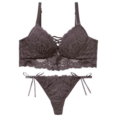 2/9新作!ノーブルレースアップビスチェ育乳脇高ブラジャー&サイド紐バック透けTバックショーツ［大人気］(グレー-A70/ショーツM)