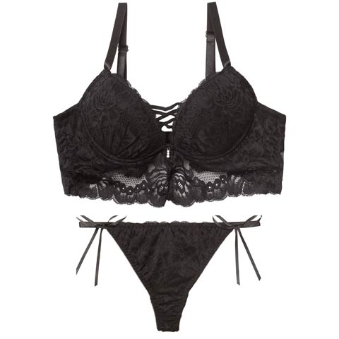 2/9新作!ノーブルレースアップビスチェ育乳脇高ブラジャー&サイド紐バック透けTバックショーツ［大人気］(ブラック-A70/ショーツM)