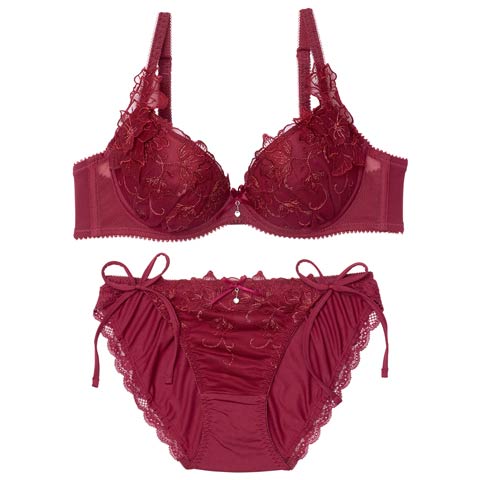 1/5新作!ブリリアントダークフルールブラジャー＆サイド紐フルバックショーツ［大人気］(ワインレッド-B65/ショーツM)