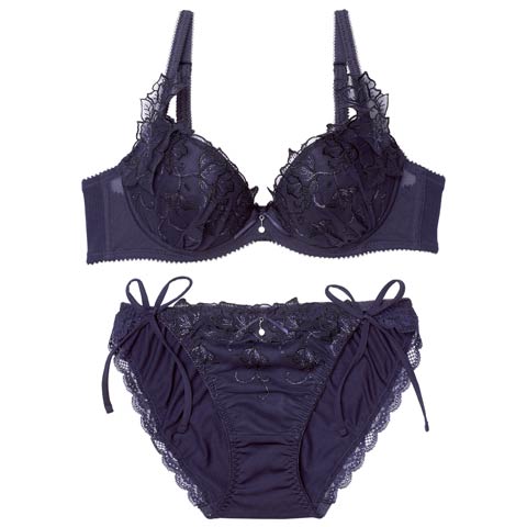 1/5新作!ブリリアントダークフルールブラジャー＆サイド紐フルバックショーツ［大人気］(ネイビー-B65/ショーツM)