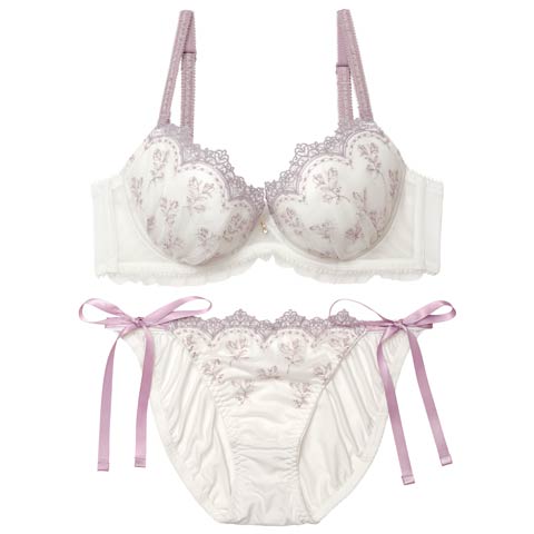 3/11新作!フェアリーフラワーブーケブラジャー&サイド紐フルバックショーツ［大人気］［春セール］(パープル-A70/ショーツM)