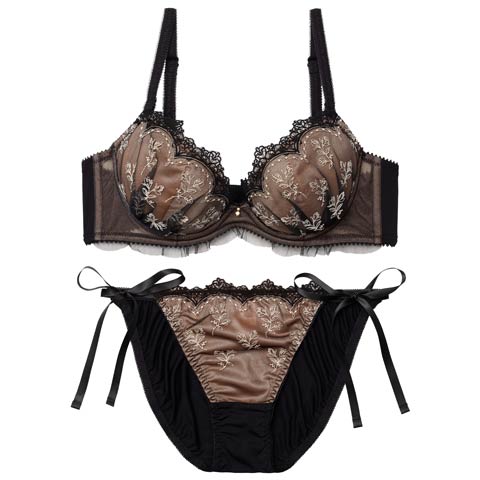 3/11新作!フェアリーフラワーブーケブラジャー&サイド紐フルバックショーツ［大人気］［春セール］(ブラック-A70/ショーツM)