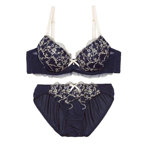 3/20新作!スウィートメロディエンブロイダリーブラジャー&フルバックショーツ［激売れ］(ネイビー-A65/ショーツM)