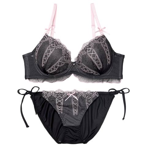 12/12新作!【かとゆり着用】【EFサイズ】ドリーミーリボンレースアップブラジャー&サイド紐フルバックショーツ［大人気］(ブラック-E65/ショーツM)