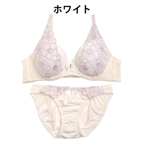 【ノンワイヤー】ワンカラーシアー刺繍ブラジャー&フルバックショーツ[プチプラ](ホワイト-B65/ショーツM)