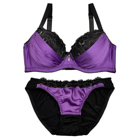 Purple satin and black lace bra