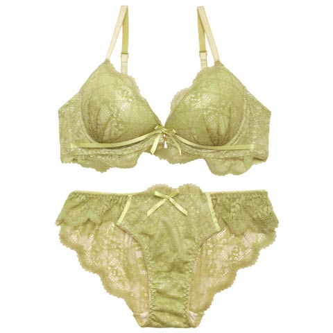 3/24再販!レーシィスカラップブラジャー&バック透けフルバックショーツ［激売れ］(グリーン-A65/ショーツM)