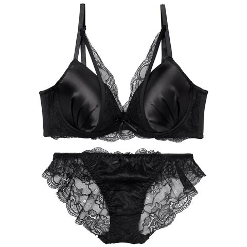 11/22再販!ジュエリーサテンレース育乳脇高ブラジャー&バック透けフルバックショーツ［激売れ］(ブラック-A65/ショーツM)