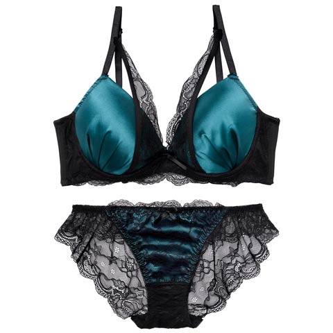 11/22再販!【EFサイズ】ジュエリーサテンレース育乳脇高ブラジャー&バック透けフルバックショーツ［大人気］(ブルーグリーン-E65/ショーツM)