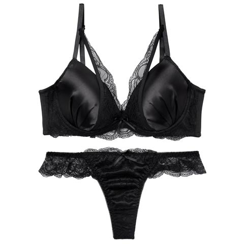 11/22再販!【EFサイズ】ジュエリーサテンレース育乳脇高ブラジャー&バック透けTバックショーツ［大人気］(ブラック-E65/ショーツM)