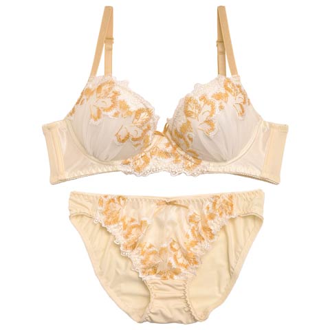 【ノンワイヤー】ミルキースウィート育乳脇高ブラジャー&フルバックショーツ(クリーム-A65/ショーツM)