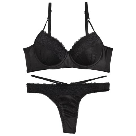 【EFサイズ】クラシカルコードレーシィ育乳脇高ブラジャー&Tバックショーツ(ブラック-E65/ショーツM)