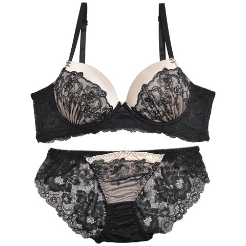 【ノンワイヤー】ボタニークフルール育乳脇高ブラジャー&フルバックショーツ[プチプラ](ブラック-A65/ショーツM)